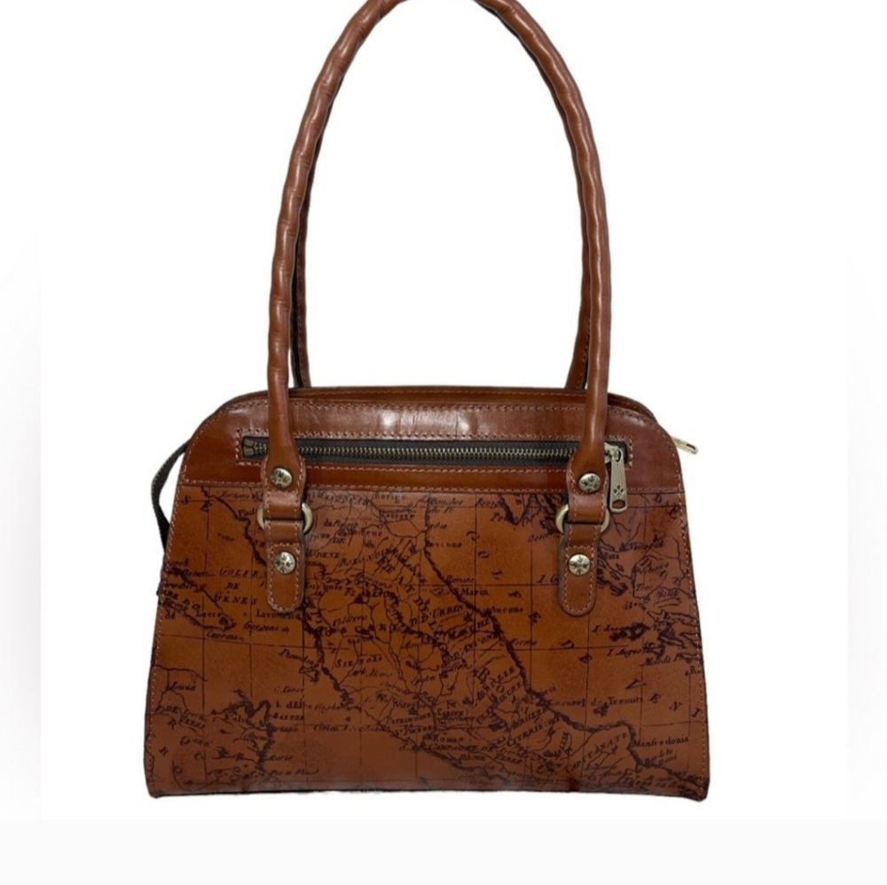 Patricia Nash Calvi Square Satchel Signature Map Brown Leather Shoulder Handbag